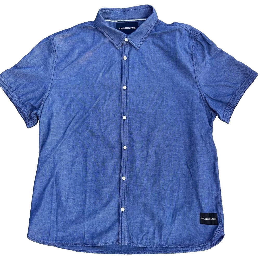 Calvin Klein Jeans Shirt Mens XXL Blue Short Sleeve Button Front Chambray Casual